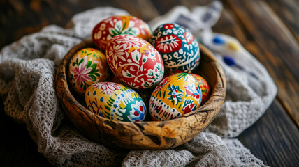 Traditional Folk Art Painted Easter Eggs in Rustic Wooden Bowl