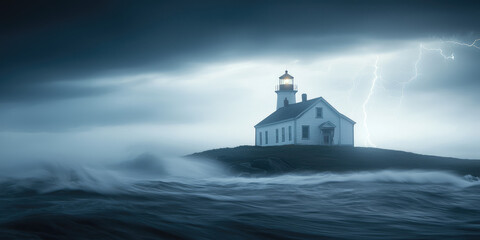 Ocean waves crash against a lighthouse building during a storm, lightning flash the sky 