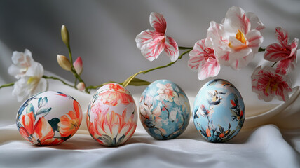 Fototapeta premium Hand-Painted Easter Eggs with Floral Designs on Elegant Fabric Background