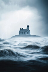 Ocean waves crash against a lighthouse building during a storm, lightning flash the sky 