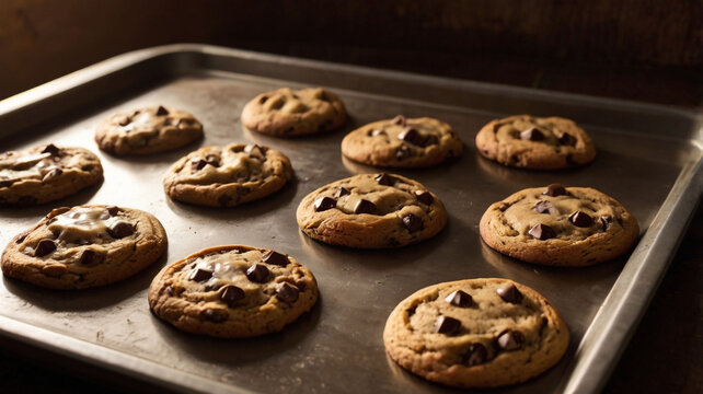 Capture the irresistible allure of freshly baked chocolate chip cookies with this mouthwatering image. The warm, golden-brown cookies, studded with melting chocolate chips, evoke a sense of comfort an