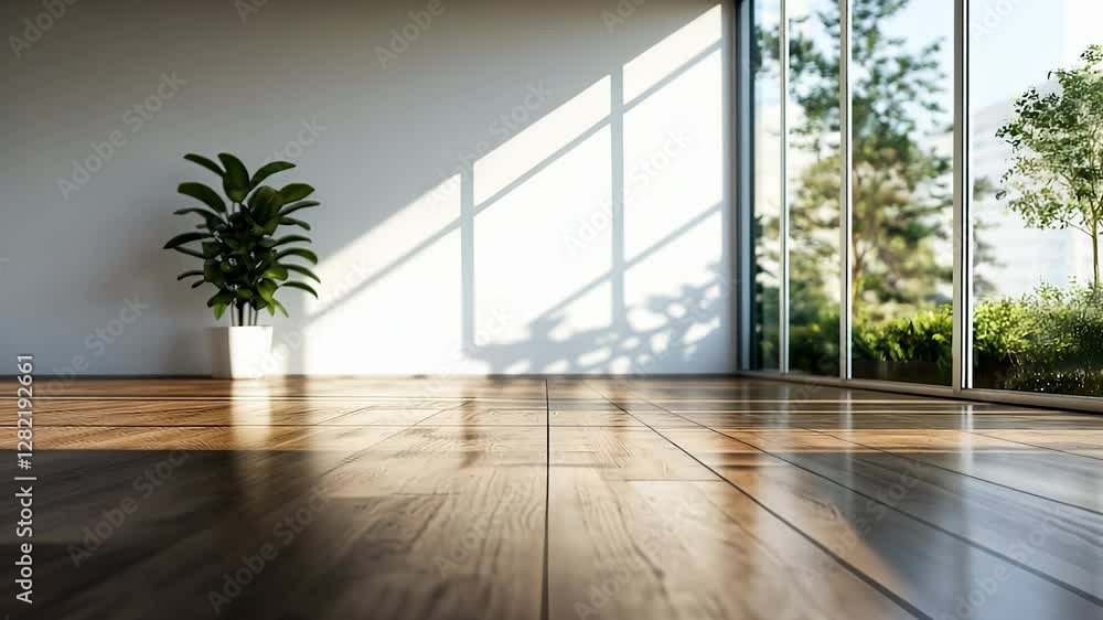 Poster an empty room with a window. modern house with open windows. greenery in the space with a window. a 
