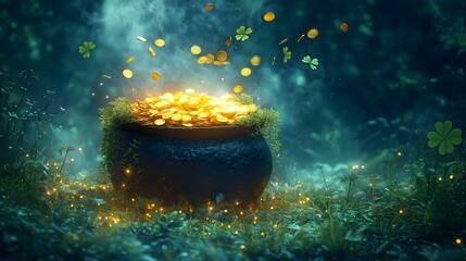 Glowing cauldron filled with gold coins and shamrocks in a misty irish forest