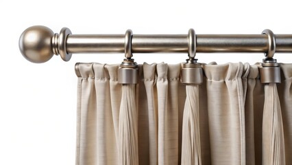 Metal Curtain Rod with Beige Curtains on White Background