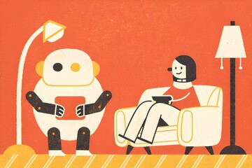 A robot and a woman share a moment, sitting together in a cozy chair, showcasing the bond between technology and humanity.