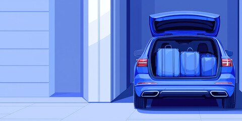 SUV car with open trunk, packed luggage bags stacked inside, car in the house driveway. Preparing for a long family road trip.