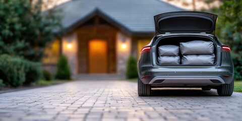 SUV car with open trunk, packed luggage bags stacked inside, car in the house driveway. Preparing for a long family road trip.