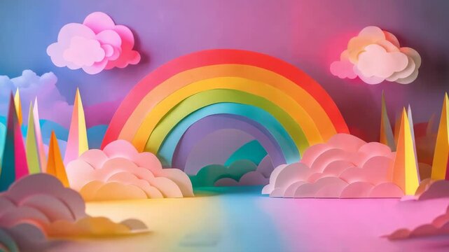 Whimsical paper craft rainbow with pastel clouds and fantasy landscape
