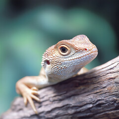 Obraz premium A close-up of a bearded dragon perched on a branch, with vibrant green foliage in the background. A sharp focus on the reptile's intricate textures and scales.