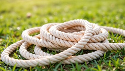 Fototapeta premium coiled natural fiber rope lying on green grass in sunlight symbolizing strength, outdoor activities, and survival preparedness