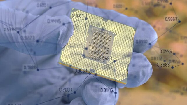 Visualization of neural network structure against the background of a processor in the hands of scientist. The video shows the process of calculating feature probabilities based on a labeled dataset. 
