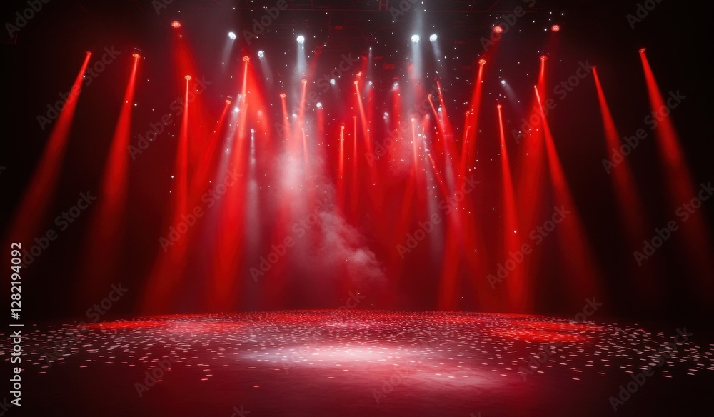 Aufkleber red lights illuminate the dark stage, creating a hazy atmosphere with scattered dots and smoke the d