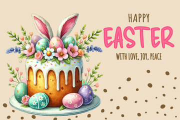 Watercolor Easter illustration featuring a festive cake with bunny ears, floral decorations and colorful eggs on a plate. Elegant text 
