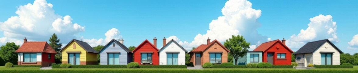 Row of houses with blue sky and puffy white clouds in the background, blue sky, puffy clouds