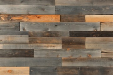 Variety of wood planks arranged in a modern pattern, showcasing natural textures and colors for interior design
