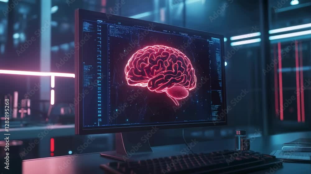 Aufkleber Rotating digital brain visualization emerging on high tech medical computer screen, showcasing advanced neurological research and diagnostic imaging in futuristic laboratory environment