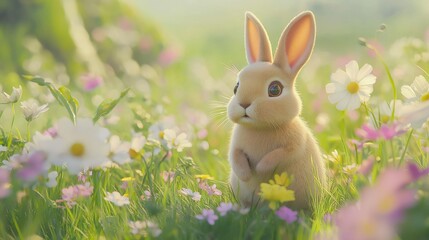 gentle bunny, hopping through a garden of wildflowers with its ears perked up, set against a vibrant green field with the soft light of the early morning sun