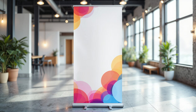 Vibrant pull-up banner mockup in modern office, promotional branding