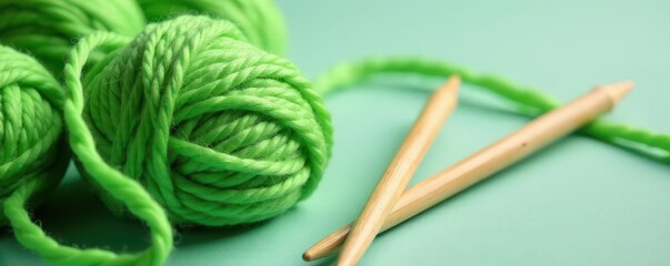 Soft green wool yarn & bamboo knitting needles , fiber, needlework