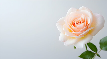Fototapeta premium Single blooming pale pink rose with green leaves against a clean light gray background with copy space.