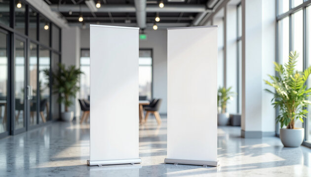 Minimalist pull-up banner mockup in modern office interior, branding concept