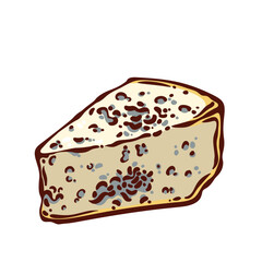 Blue Cheese triangle slice line icon. Outline hand drawn smelly Roquefort or Gorgonzola, Stilton cheese piece. Delicatessen French menu mascot, gourmet snack with odor icon vector illustration