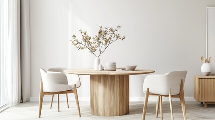 A serene minimalist dining room with a round or oval wooden table, soft pastel color palette, modern Scandinavian chairs,  elegant interior design