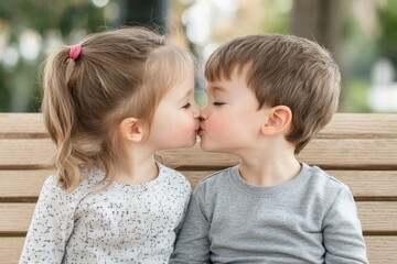 Funny Kiss Pose, Adorable Children Sharing a Sweet Kiss in a Natural Outdoor Setting