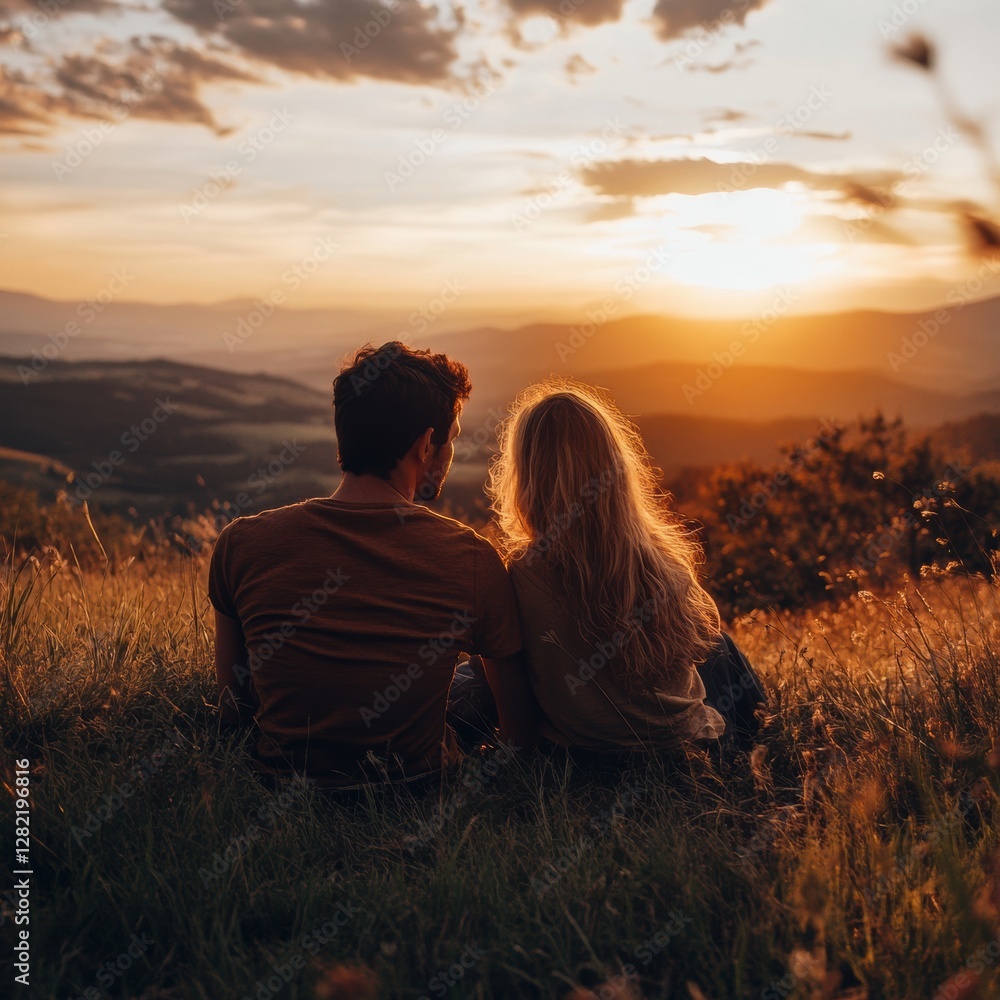 Aufkleber couple enjoys a sunset together on a grassy hilltop with mountains in the background during evening.