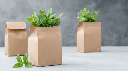 Fresh herbs in paper bags on table. Sustainable packaging for healthy food delivery