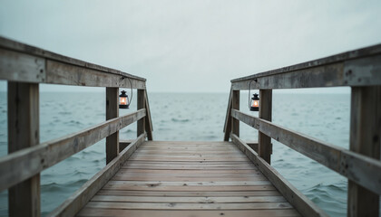 Fototapeta premium Serene wooden pier with unlit lanterns over calm lake, peaceful ambiance