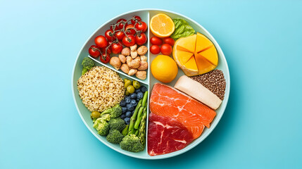 Macronutrient balance diagram with portioned meal examples