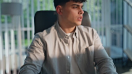Worker hand using computer mouth in office closeup. Hardworking man working pc