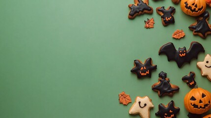 Fototapeta premium Halloween gingerbread cookies and pumpkins forming a border on green background