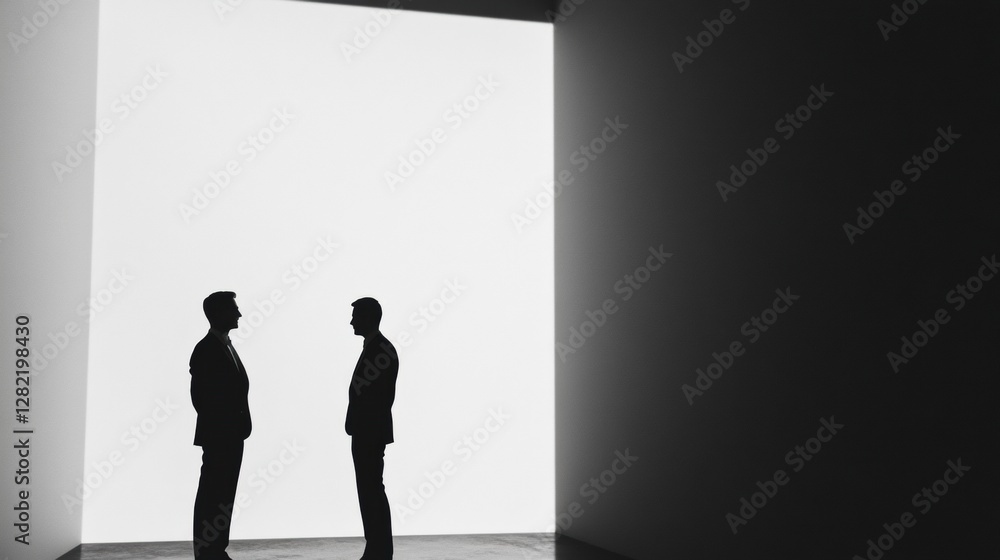Leinwandbilder Silhouettes of two executives engaging in a conversation in a modern office environment during the day. Generative AI