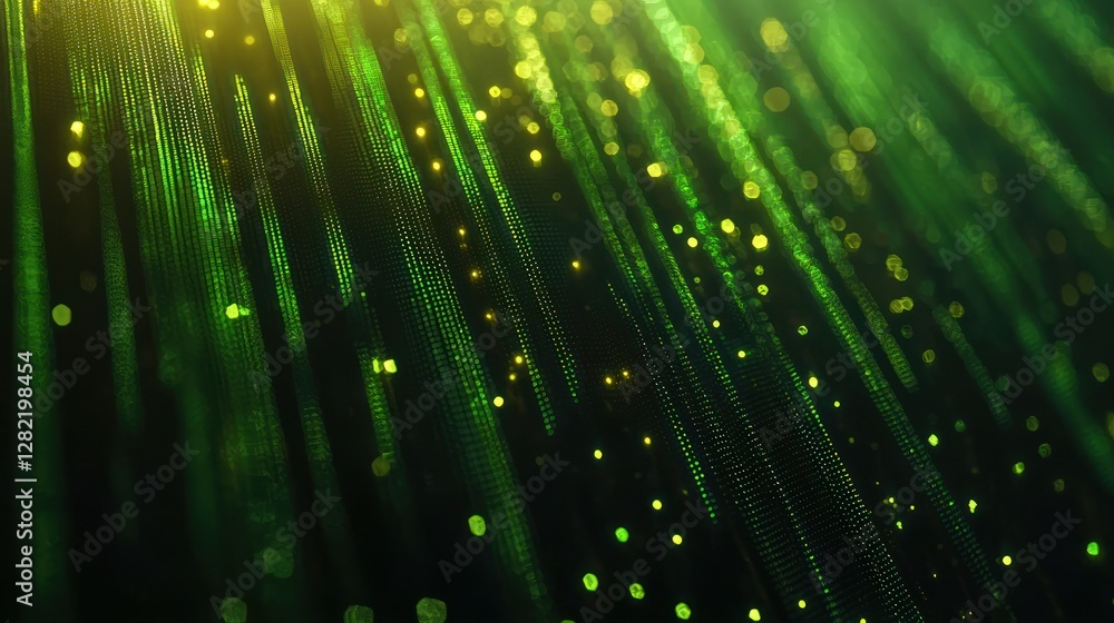 Poster green particle streams, digital data flow, abstract background