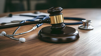 Malpractice law gavel rests next to a stethoscope on a wooden table, symbolizing medical legal issues in healthcare