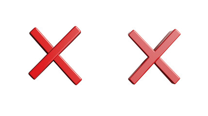 Obraz premium Two 3D cross, false mark, or check symbol icons red color isolated on a white background , transparent , png 