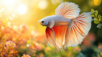 Obraz premium Stunning Betta Fish in Bloom, Sunset Garden Setting