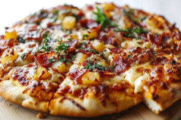 Hawaiian Pizza. Classic Sweet with Tomato Sauce, Mozzarella Cheese, Juicy Pineapple, and Sliced Ham, Hawaiian Pizza Isolated on White on a Background with Copy Space