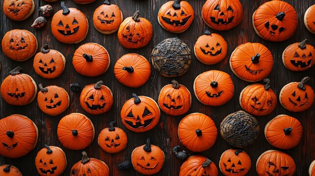Halloween pumpkin cookies forming a spooky background on rustic wooden table