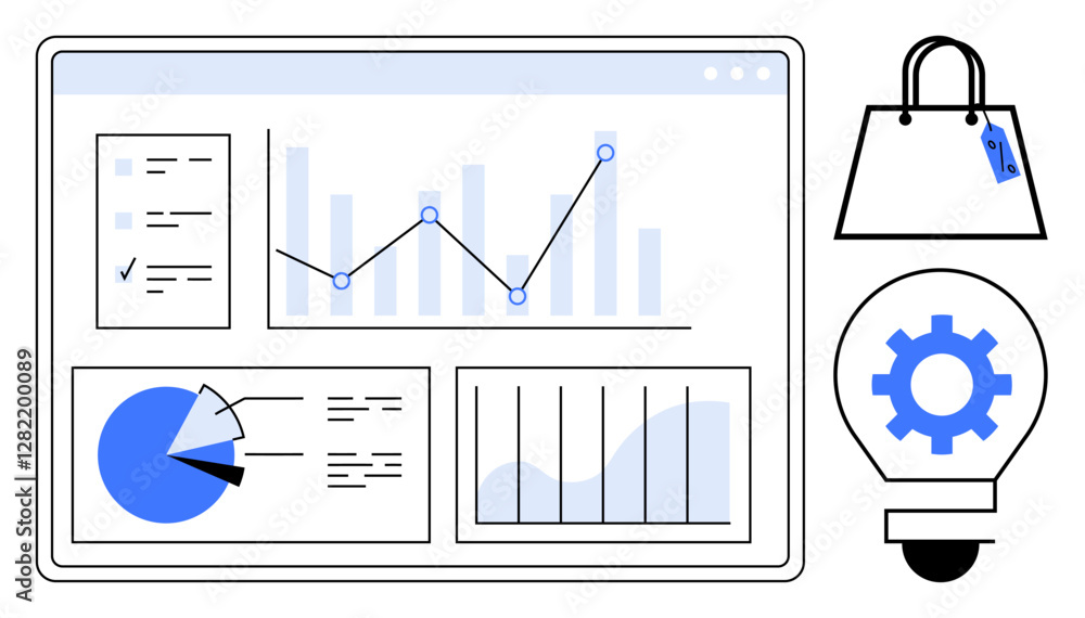 Poster data analytics dashboard with charts and graphs, shopping bag with sale tag, and light bulb with gea