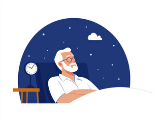 Elderly man struggling with insomnia, staring at bedside clock at night