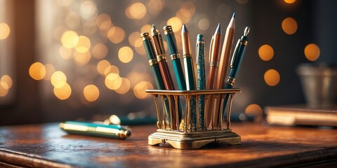 Elegant writing instruments in a decorative holder on a wooden desk with soft bokeh lighting at twilight
