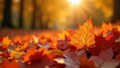 Fototapeta premium Close-up shot, pile of maple leaves, warm sunlight , yellow, macro