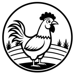 Farm Rooster Crowing at Sunrise - Vector Illustration, Clipart, and Line Art Design, Farm rooster crowing at sunrise, vector illustration, clipart, and line art design on a white background.