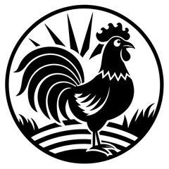 Farm Rooster Crowing at Sunrise - Vector Illustration, Clipart, and Line Art Design, Farm rooster crowing at sunrise, vector illustration, clipart, and line art design on a white background.