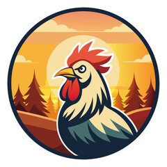 Farm Rooster Crowing at Sunrise - Vector Illustration, Clipart, and Line Art Design, Farm rooster crowing at sunrise, vector illustration, clipart, and line art design on a white background.