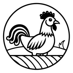 Farm Rooster Crowing at Sunrise - Vector Illustration, Clipart, and Line Art Design, Farm rooster crowing at sunrise, vector illustration, clipart, and line art design on a white background.