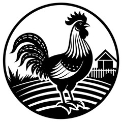 Farm Rooster Crowing at Sunrise - Vector Illustration, Clipart, and Line Art Design, Farm rooster crowing at sunrise, vector illustration, clipart, and line art design on a white background.